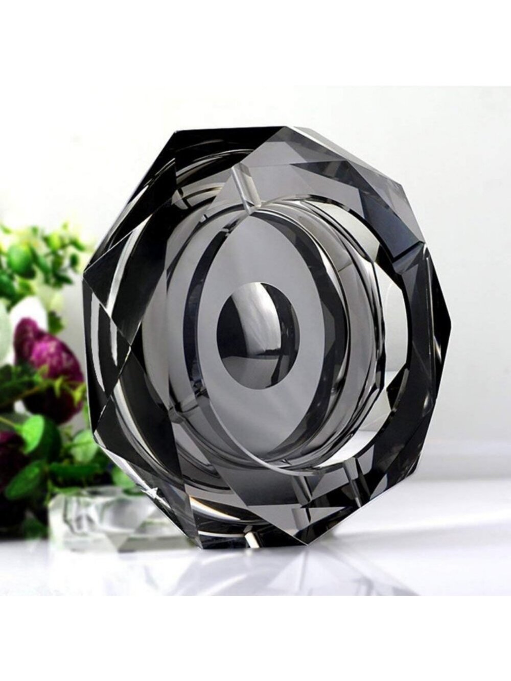 Elegant Black Crystal Ashtray - 6" Octagon Design for Cigarettes & Cigars, Gift